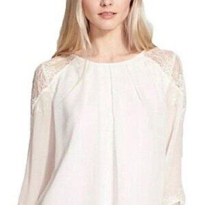 Alica & Olivia Creme Silk‎ Blouse, Lace Shoulder Sz M